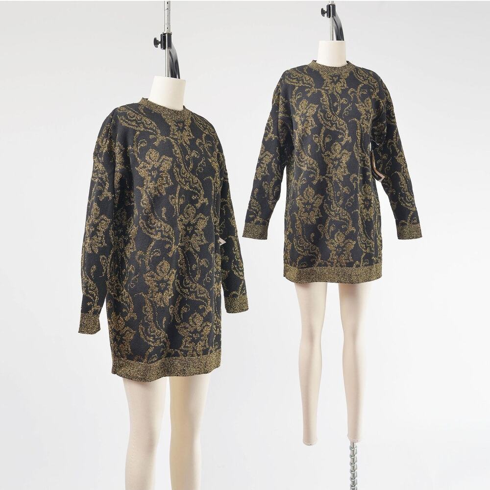 Vintage 80s Pierre Cardin Metallic Cotton Floral Sweater Mini Dress XS S